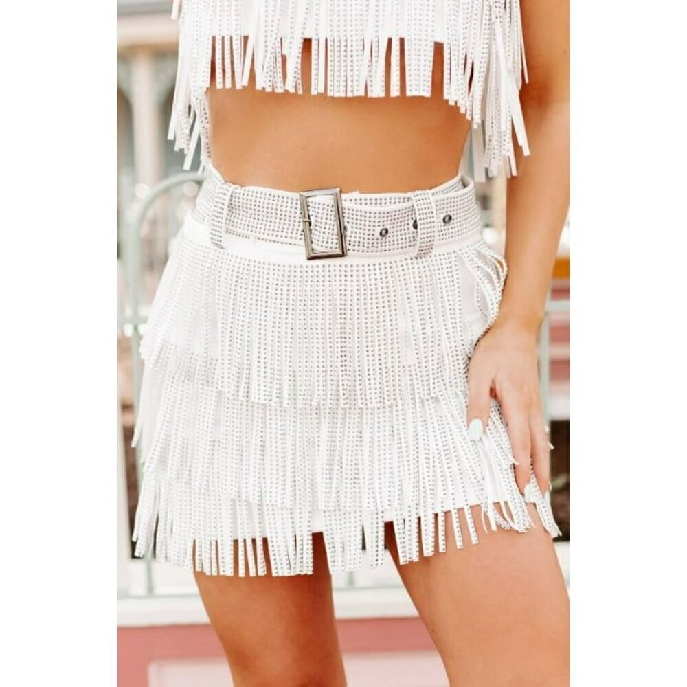 *PLUS ONLY* Spotlight Stealer Rhinestone Fringe Mini Skort Off White